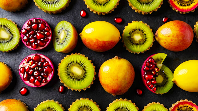 Colorful assortment of fresh tropical fruits, including kiwi, pomegranate, and tamarillo