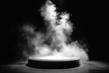 A Circular Platform Surrounded by White Smoke in a Dark Setting