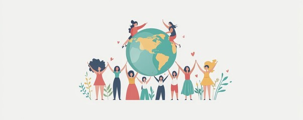 international women's day - a diverse group of women helping to lift circle globe with a female symblo  design, Generative AI