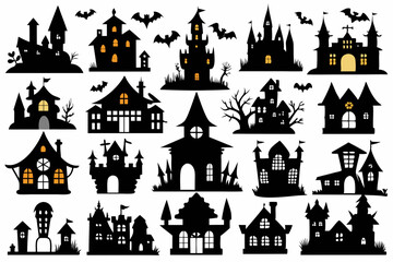 A Silhouette Vector Of Halloween Haunted House set, scary halloween house bundle set