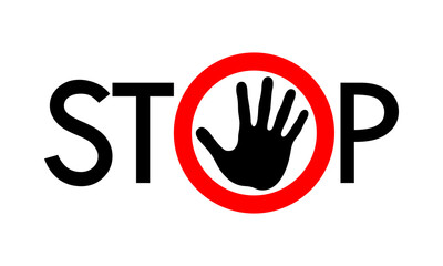 Stop sign. Prohibition sign with hand and text stop. Isolated symbol on white background. Vector illustration