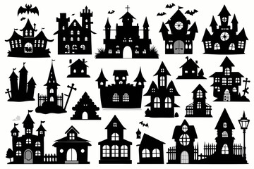 A Silhouette Vector Of Halloween Haunted House set, scary halloween house bundle set