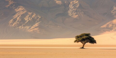 A solitary tree stands majestically in a vast desert landscape, framed by mountains and golden sands under a serene sky.