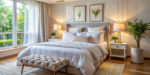 Obraz premium A Well-Lit Bedroom with a View of the Greenery, Featuring a Plush King-Sized Bed with Multiple Pillows, a Fluffy Beige Ottoman, Two Matching Wooden Nightstands with Lamps