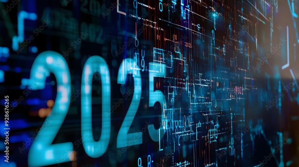 Poster the year 2025 in a digital format with code, data, and circuits.