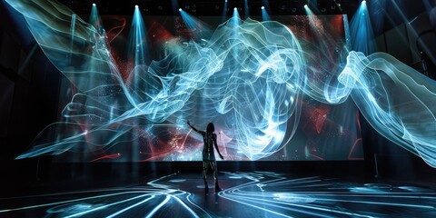 An AI entity as a digital light sculpture inspires a set designer in a theater, projecting 3D set designs and lighting effects. AIG60