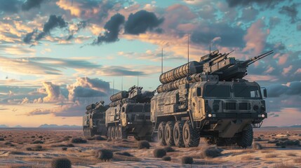 Military air defense battery. Anti missile defense system. 3d illustration