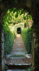 moss-covered stone archway with lush greenery framing a path leading into a sunlit garden