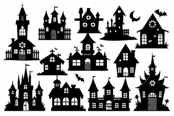 A Silhouette Vector Of Halloween Haunted House set, scary halloween house bundle set