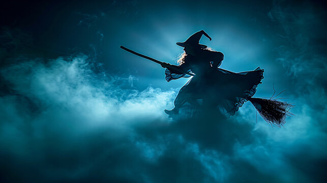 Silhouette of a witch flying on a broomstick through misty night sky