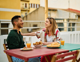 urban roof enjoying sitting male cafe restaurant leisure table friendship boyfriend flirting girlfriend romance dating date meeting girl two romantic conversation casual