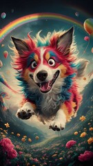 Naklejka premium Szalony Pies: A Whimsical Journey Through a Colorful Wonderland 