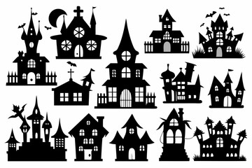 A Silhouette Vector Of Halloween Haunted House set, scary halloween house bundle set