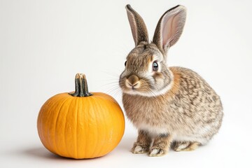Fototapeta premium Rabbit sitting next to a pumpkin on a white background