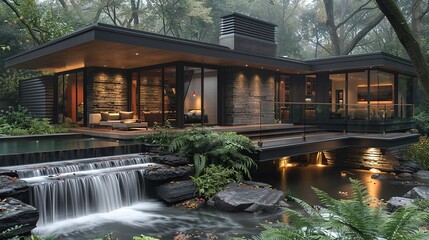 Modern house with a waterfall and pond in a lush garden.