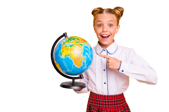 Portrait of her she nice attractive lovely cheerful cheery positive glad genius pre-teen girl in white shirt pointing at globe isolated over bright vivid shine yellow background