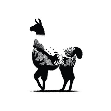 recommend clip art: silhouette of Llama filled with underwater view with coral in rough drawing,