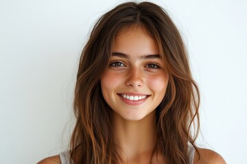 Naklejka premium portrait of a young happy woman smiling on white background, Generative AI