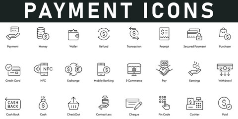 Payment Icons vector illustration with thin line editable stroke contains money, wallet, refund, transaction, receipt, secured payment, purchase, paid, cashier, cash, e-commerce, exchange, credit card