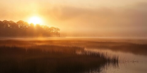 Obraz premium A tranquil sunrise over misty waters, highlighting serene nature and peaceful landscapes, perfect for relaxation and inspiration.