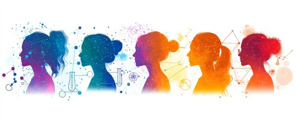 International Day of Women and Girls in Science design. It features silhouette of women with several science element icon.  illustration, Generative AI