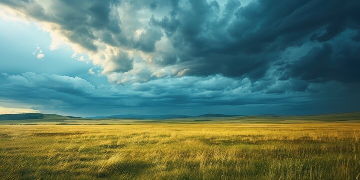 A vast landscape featuring dramatic clouds over rolling fields, capturing the beauty of nature in a serene yet powerful scene.