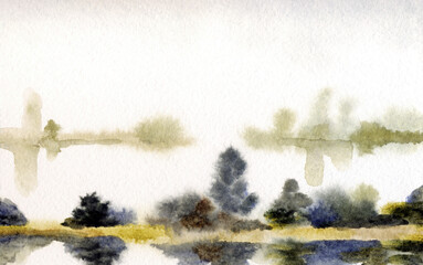 Watercolor landscape. Autumn on the lake