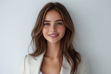Fototapeta premium Perfect business lady. Beautiful young businesswoman looking at camera with smile while standing against white background, Generative AI