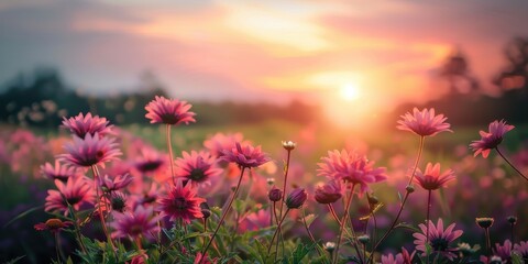 Fototapeta premium A vibrant field of pink flowers bathed in warm sunset light, creating a serene and picturesque landscape.