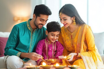 Happy family celebrating Diwali with lamps