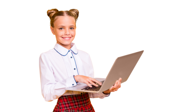 Portrait of her she nice lovely attractive cheerful cheery intellectual pre-teen girl browsing web library research homework isolated over bright vivid shine yellow background - Powered by Adobe