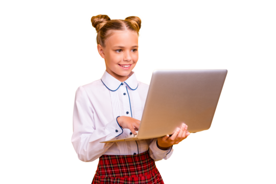 Portrait of her she nice lovely attractive cheerful cheery intelligent pre-teen girl browsing web library knowledge isolated over bright vivid shine yellow background