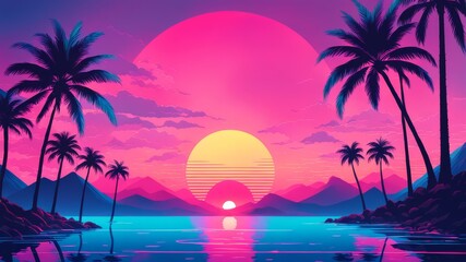 Fototapeta premium Retro-futuristic synthwave sunset illustration featuring glowing pink and yellow sun over calm tropical waters, framed by silhouetted palm trees and mountains. The vivid neon palette and dreamy 