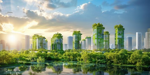 Fototapeta premium A vibrant urban landscape showcasing eco-friendly skyscrapers surrounded by lush greenery under a bright sky.