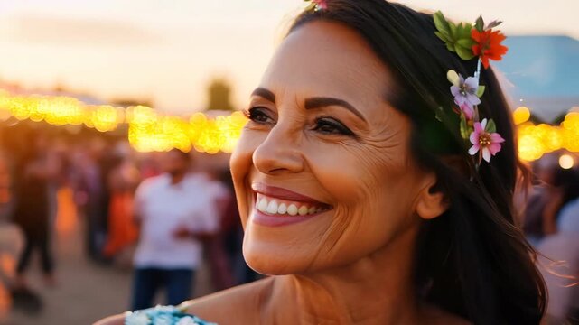 Middle-aged woman smiling at a vibrant music festival with blurred crowd