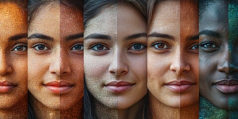 Asian, african, indian, european ladies portraits, a lot of female faces collage collection, many happy diverse people of different age together. Smiling young and older women group, Generative AI