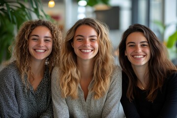 Fototapeta premium Happy business people, women empowerment and diversity team, collaboration and motivation, employee engagement and support in startup office. Laughing, Generative AI