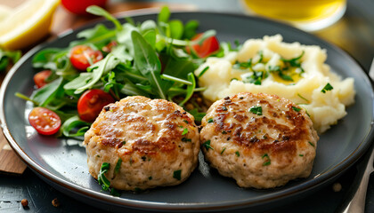 Turkey patties served with mashed potato and fresh salad