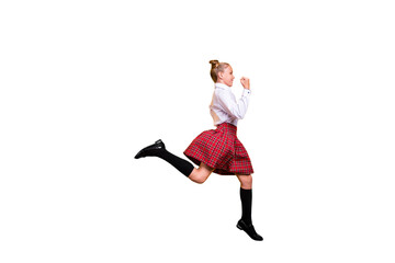Profile side full length body size view of nice attractive lovely cheerful cheery positive pre-teen...