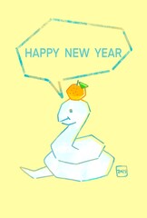 2025年　鏡餅みたいなヘビのイラストのおしゃれな年賀状　巳年