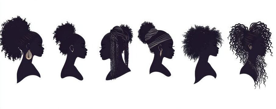 Set of beautiful black women with afro hair, turban, comb and braids. African girls silhouette for logo. template for curly hairstyles, Generative AI