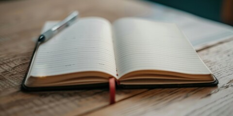 An open notebook lies on a wooden table, inviting creativity and thoughts to flow onto its blank pages.
