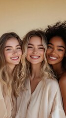 Obraz premium Diversity, beauty and natural with woman friends in studio on a beige background to promote skincare. Portrait, face and smile with a happy female and, Generative AI