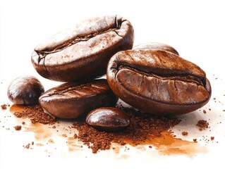 Obraz premium Fresh coffee beans scattered with ground coffee, perfect for illustrating a rich coffee culture and brewing process.