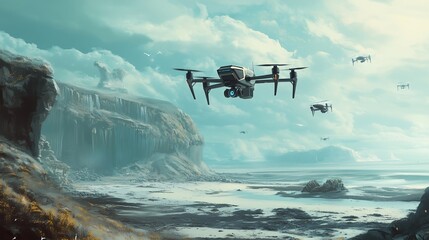 Fototapeta premium Futuristic drone flying over a desolate, rocky landscape.