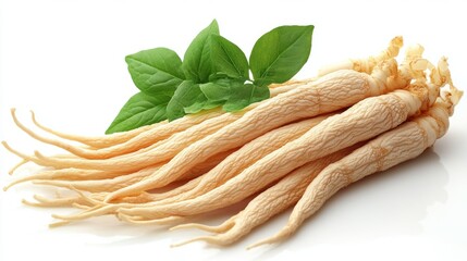 Fresh ginseng roots with vibrant green leaves, perfect for herbal remedies and healthy lifestyles.
