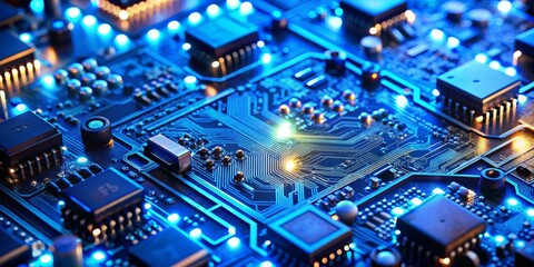 Blue Neon Glowing Circuit Board, Motherboard, Electronics, Tech, Hardware