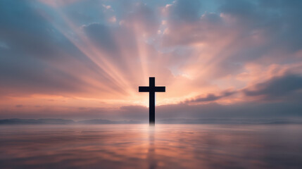 A solitary cross illuminated by radiant sunrays at sunrise, symbolizing the resurrection of Jesus Christ and the hope and renewal of Easter.