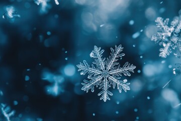 Close-up of a Delicate Snowflake with a Blue Background and Bokeh