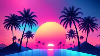 Retro Futuristic Sunset Landscape with Neon Colors and Grid Surface